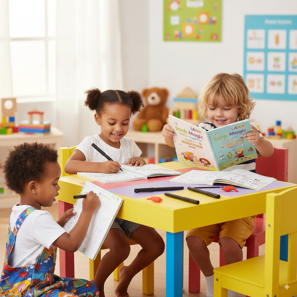Children sitting at a colorful table in a classroom setting, engaged in reading and writing activities.