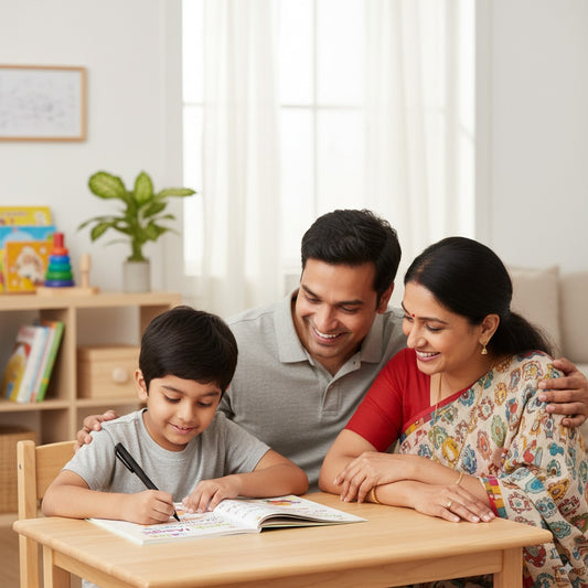 proud and happy parents sitting with a kid practicing his handwriting in sank magic copybook