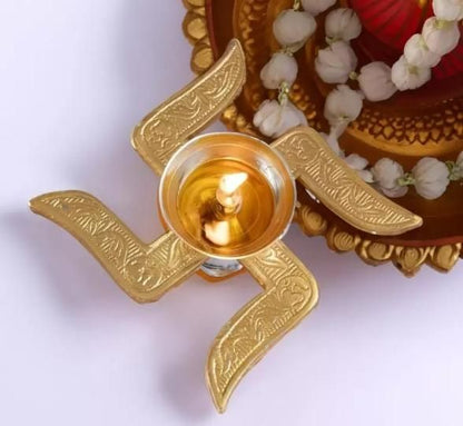 Brass Swastik Diya - Traditional Sacred Oil Lamp for Daily Pooja & Diwali