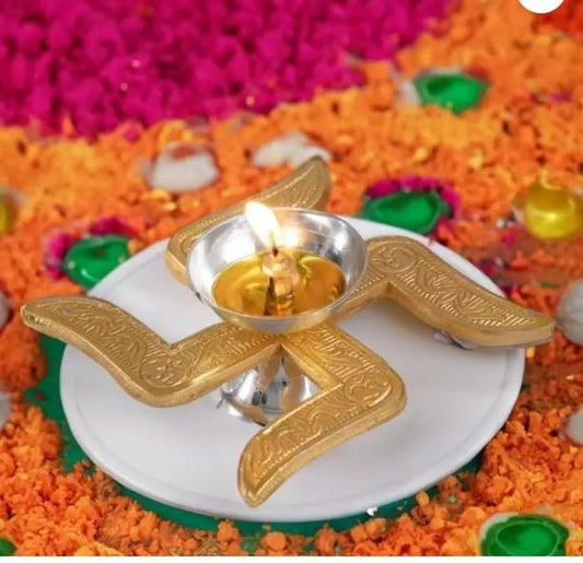 Brass Swastik Diya - Traditional Sacred Oil Lamp for Daily Pooja & Diwali