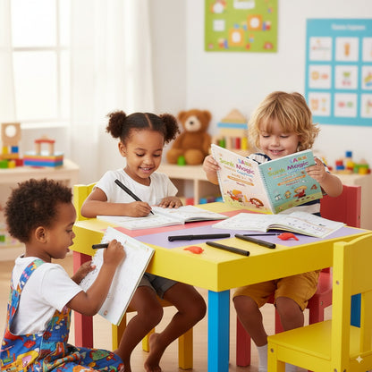 Children sitting at a colorful table in a classroom setting, engaged in reading and writing activities.